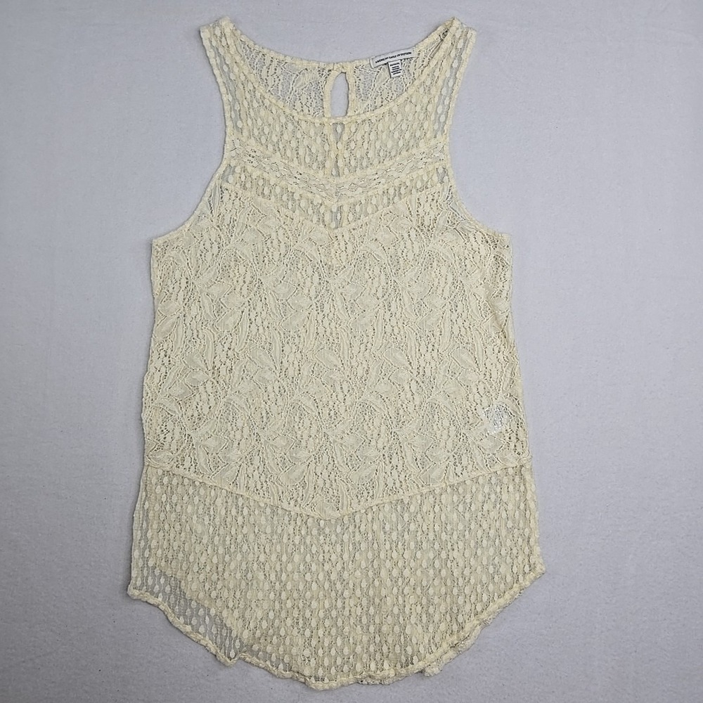 American Eagle Women Lace Tank Top Medium Ivory Floral‎ Sheer Fairy Coquette Y2K